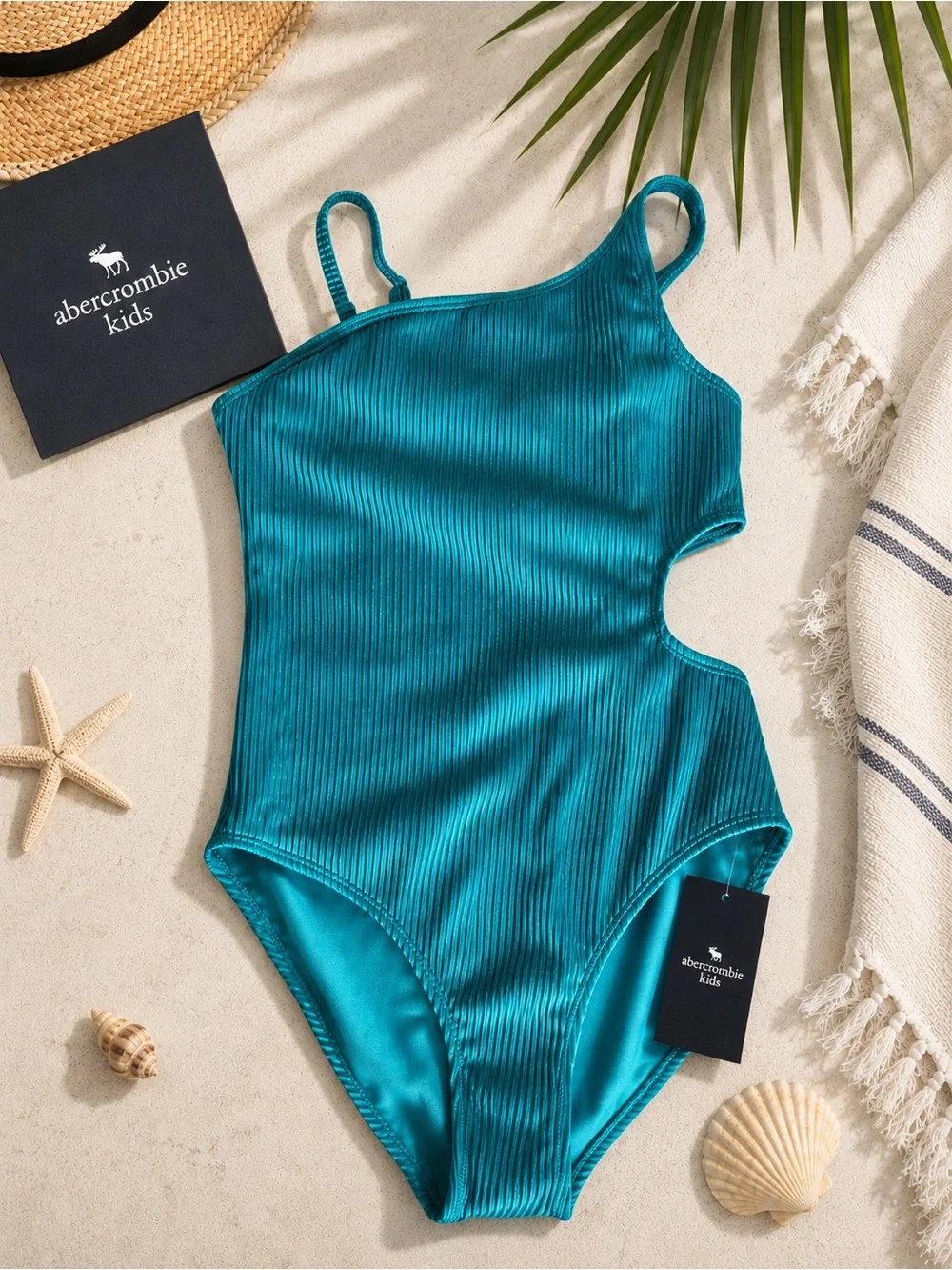 Abercrombie Kids Swimwear One-Shoulder Swimsuit Ribbed Cut Out Teal Size 11/12